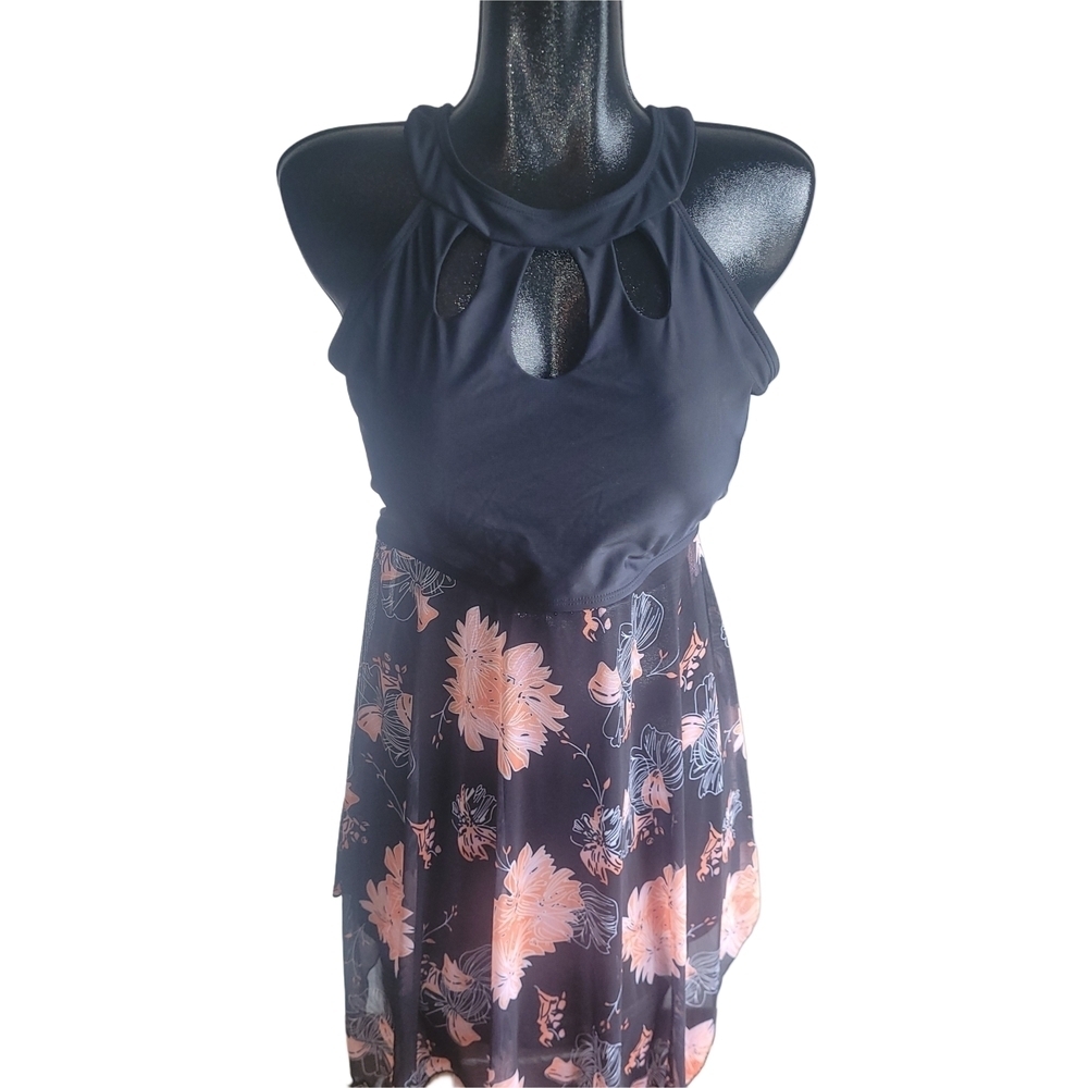 Summer Mae's Black Halter and Floral Mesh Swim Dress Size 18W